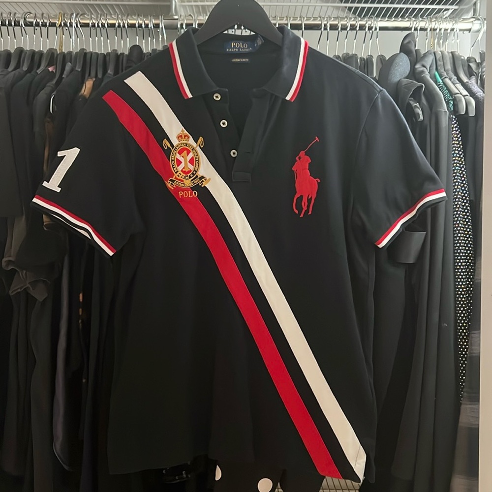 Polo Ralph Lauren Black/White/Red Stripe Polo Short Sleeve Medium